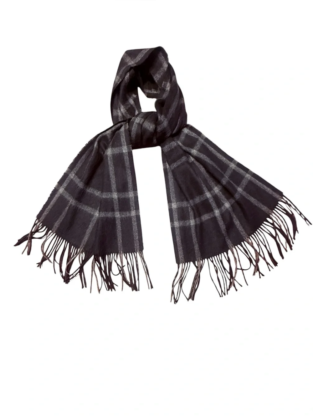 Geoffrey Beene Cashmere Black and Gray Plaid Fringe Scarf